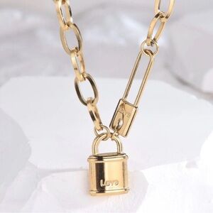 Gold Love Padlock Necklace Paperclip Link Chain